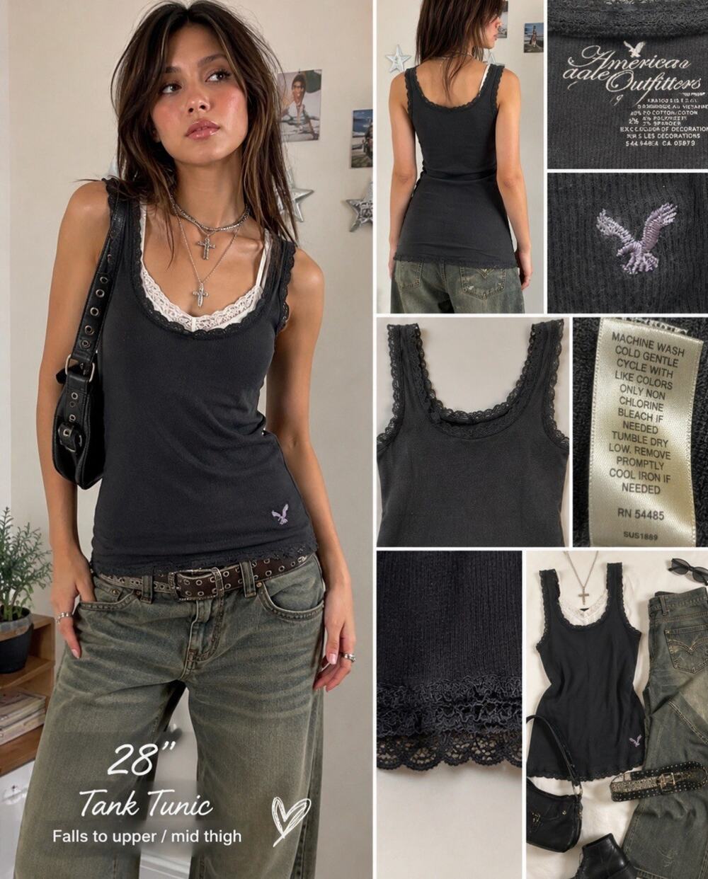 Indie Sleaze Layering American Eagle Lace Trim Tank Tunic Size L Black Y2K 2000s